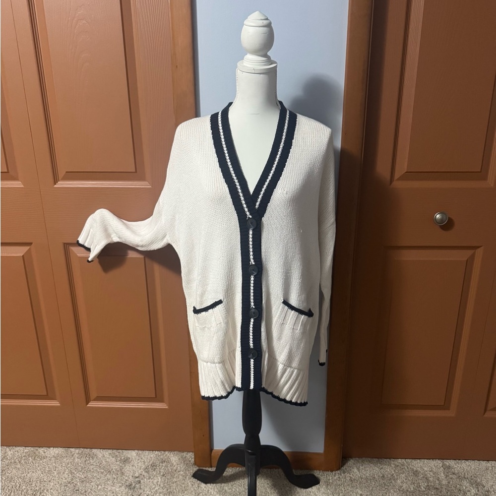 LOFT Cream and Navy Cardigan Sweater